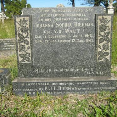 BIERMAN Johanna Sophia nee V.D. WALT 1916-1943