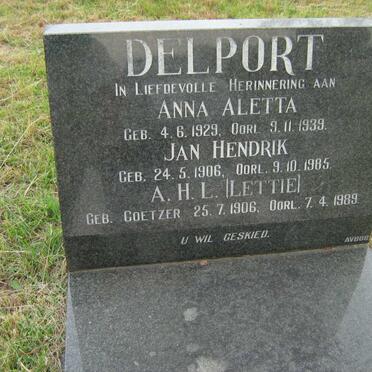 DELPORT Jan Hendrik 1906-1985 &amp; A.H.L. COETZER 1906-1989 :: DELPORT Anna Aletta 1929-1939 