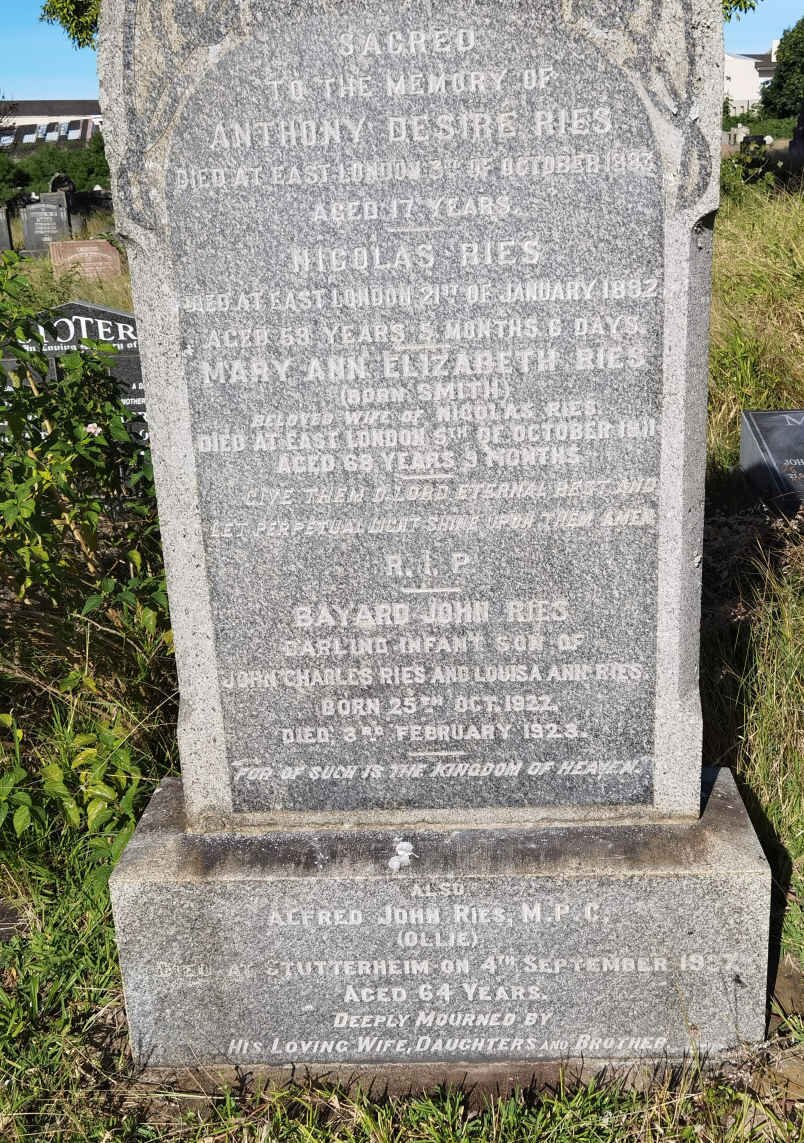 RIES Nicolas -1892 & Mary Ann Elizabeth SMITH -1911 :: RIES Anthony Desire -1883 ::  RIES Bayard John 1922-1923 :: RIES Alfred John -1937