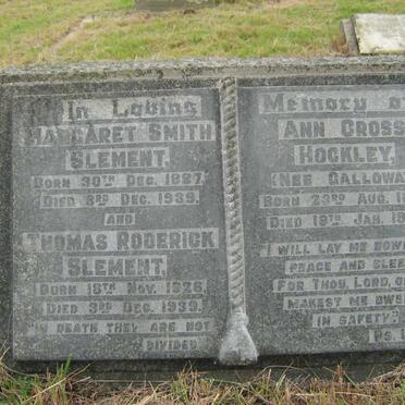 SLEMENT Thomas Roderick 1926-1939 :: SLEMENT Margaret Smith 1887-1939 :: HOCKLEY Ann Cross nee GALLOWAY 1894-1942