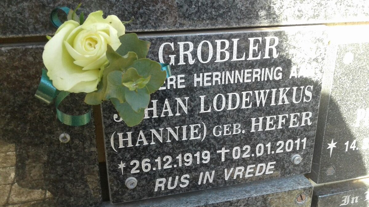 GROBLER Johan Lodewikus nee HEFER 1919-2011