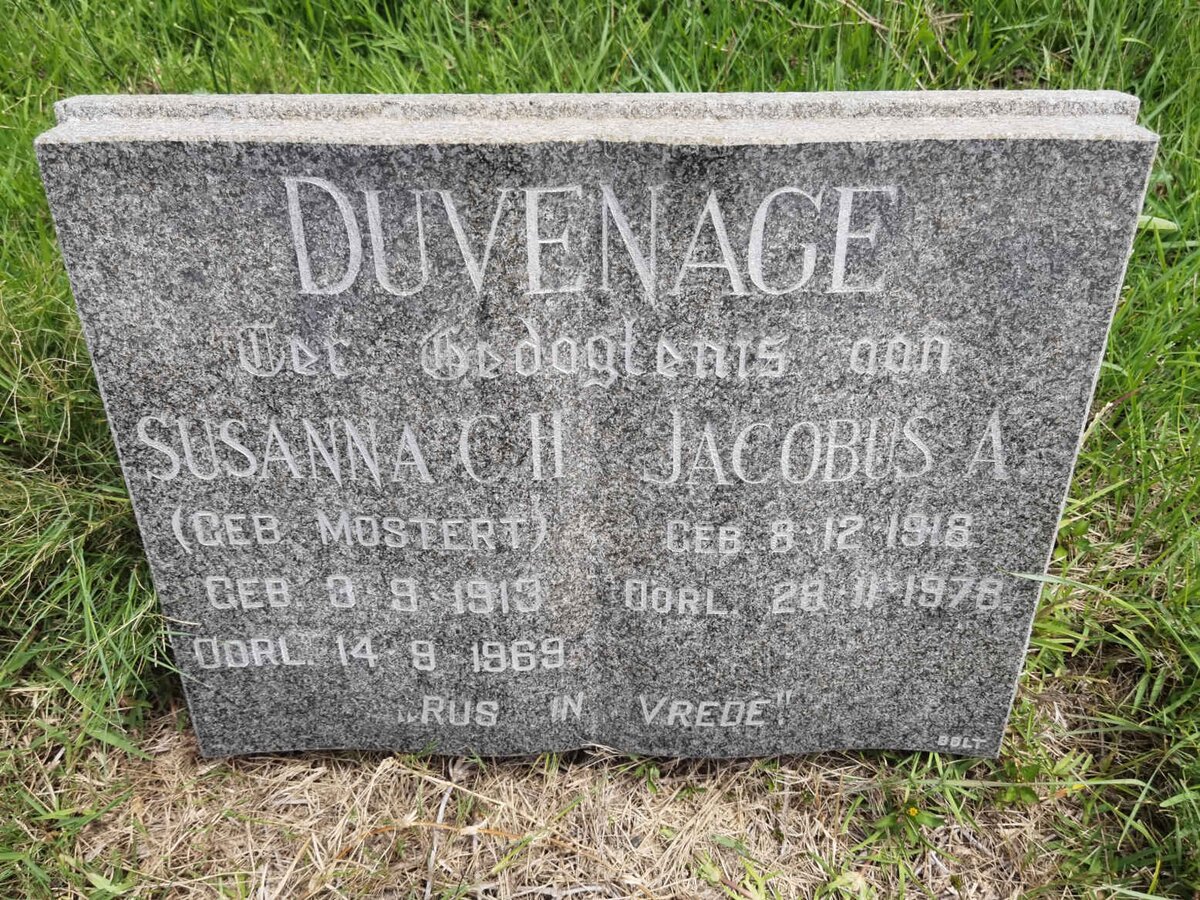 DUVENAGE Jacobus A. 1918-1978 &amp; Susanna C.H. MOSTERT 1913-1969
