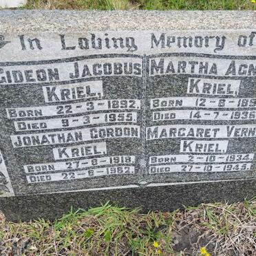 KRIEL Gideon Jacobus 1892-1955 &amp; Martha Agnes 1892-1936 :: KRIEL Jonathan Gordon 1918-1962 :: KRIEL Margaret Verna 1934-1945