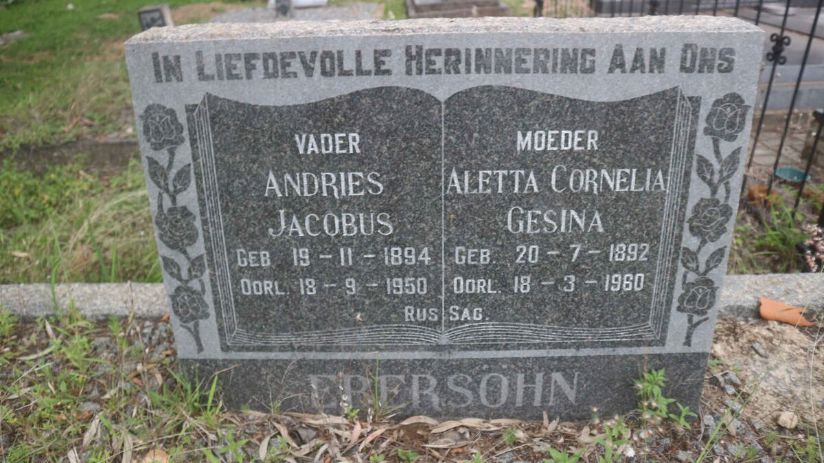 EBERSOHN Andries Jacobus 1894-1950 &amp; Aletta Cornelia Gesina 1892-1960 