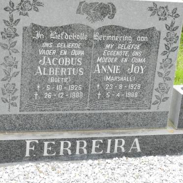 FERREIRA Jacobus Albertus 1925-1988 &amp; Annie Joy MARSHALL 1929-1988