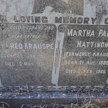 KRAUSPE Alfred 1871-1931 :: HATTINGH Martha Pauline formerly KRAUSPE 1885-1966