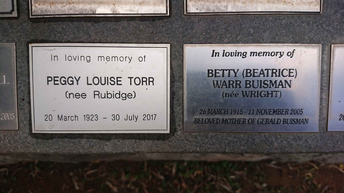 BUISMAN Beatrice Warr nee WRIGHT 1915-2005 :: TORR Peggy Louise nee RUBIDGE 1923-2017