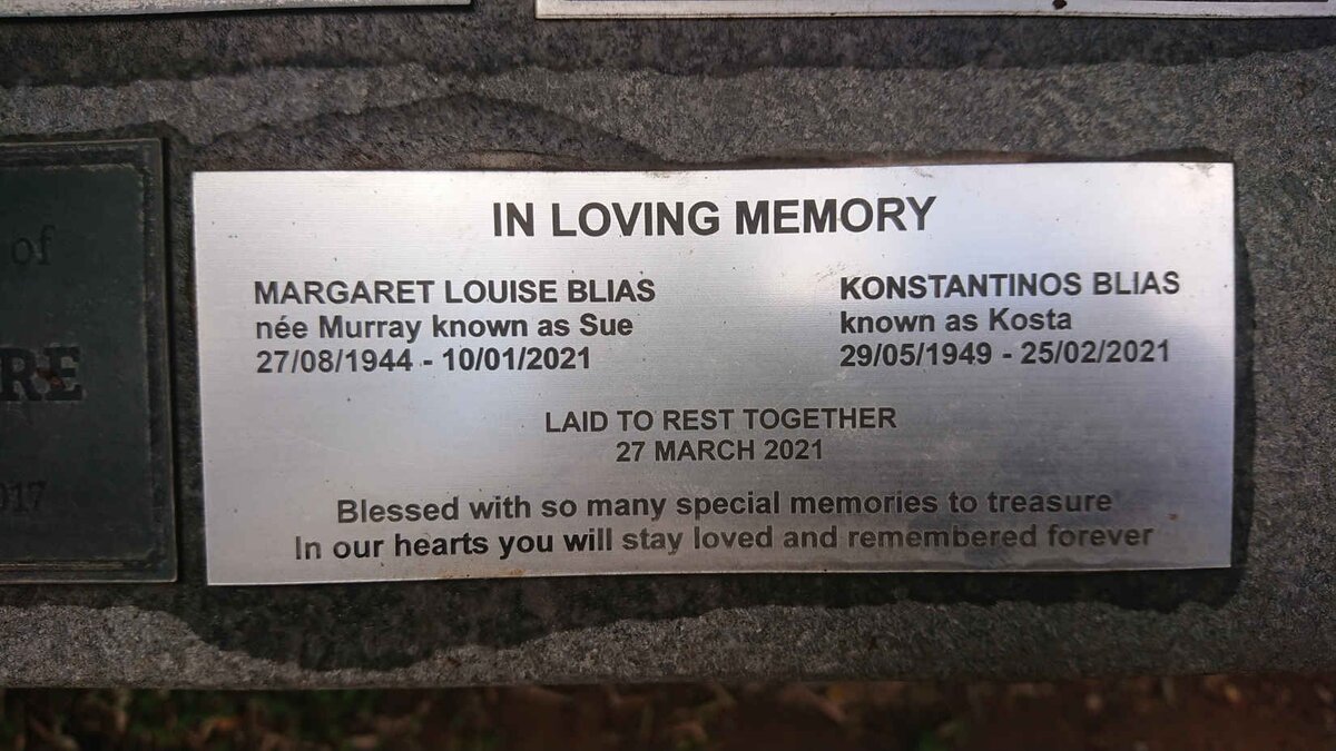 BLIAS Konstantinos 1949-2021 &amp; Margaret Louise MURRAY 1944-2021