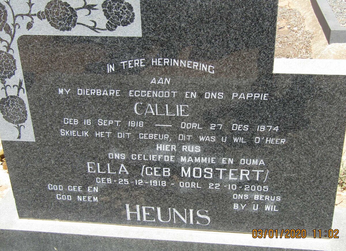 HEUNIS Callie 1918-1974 &amp; Ella MOSTERT 1918-2005