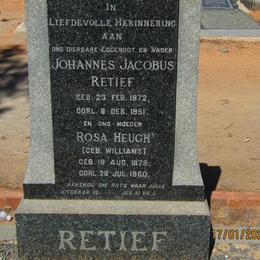RETIEF Johannes Jacobus 1872-1951  &amp; Rosa Heugh WILLIAMS 1879-1960