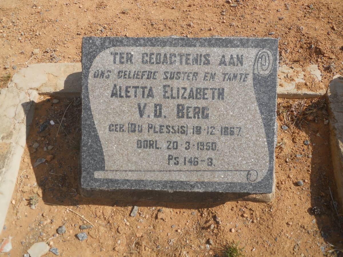 BERG Aletta Elizabeth, v.d. nee DU PLESSIS 1867-1950
