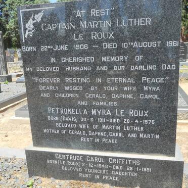 ROUX Martin Luther, le 1906-1961 &amp; Petronella Myra DAVIS 1911-1976 :: GRIFFITHS Gertrude Carol nee LE ROUX 1943-1991