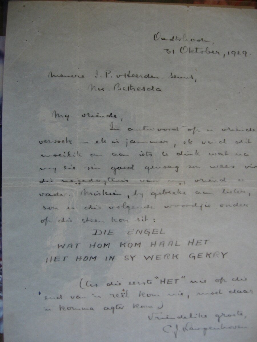 2. Brief van C.J. Langenhoven oor inskripsie op grafsteen