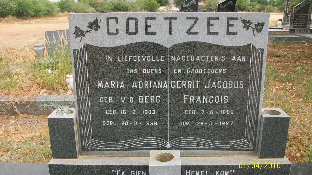 COETZEE Gerrit Jacobus Francois 1900-1967 &amp; Maria Adriana V.D.BERG 1903-1986