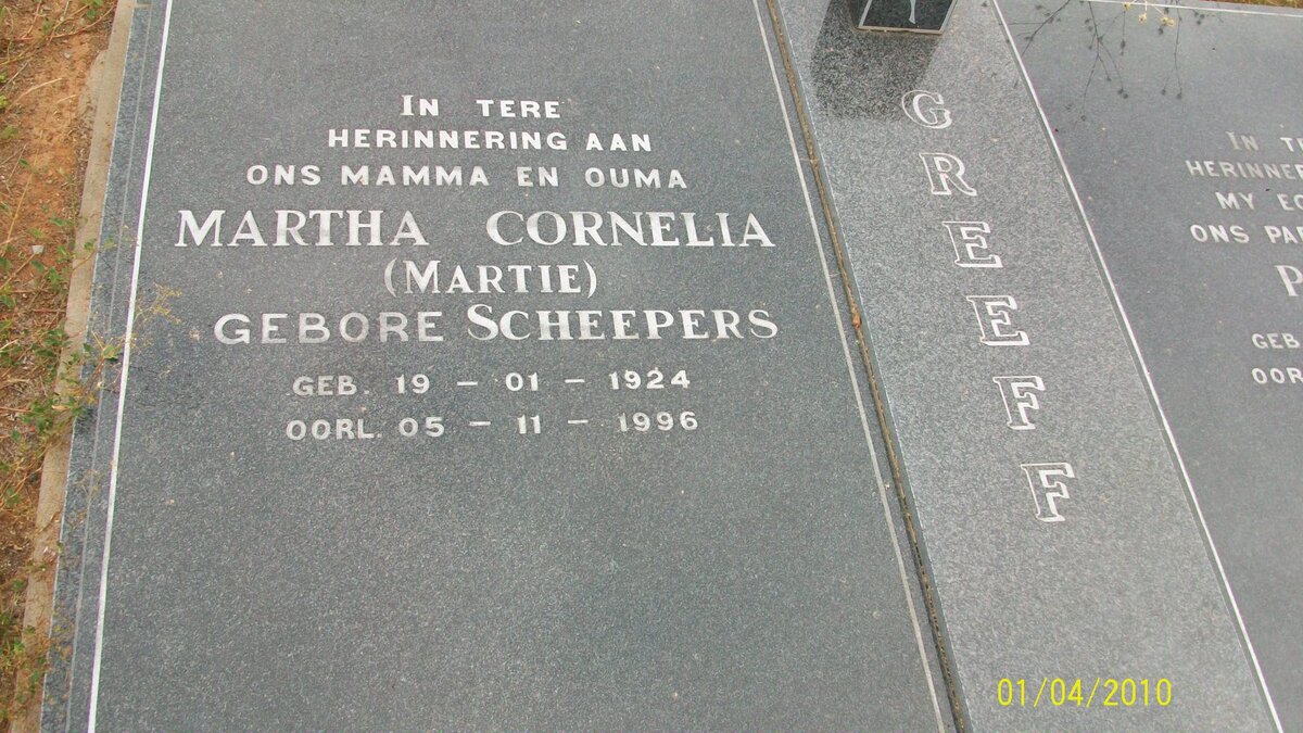 GREEFF Martha Cornelia nee SCHEEPERS 1924-1996