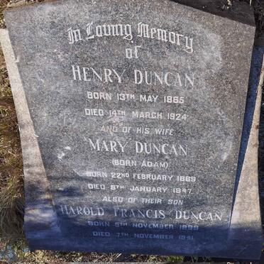 DUNCAN Henry 1865-1924 & Mary ADAM 1869-1947 :: DUNCAN Harold Francis 1899-1941
