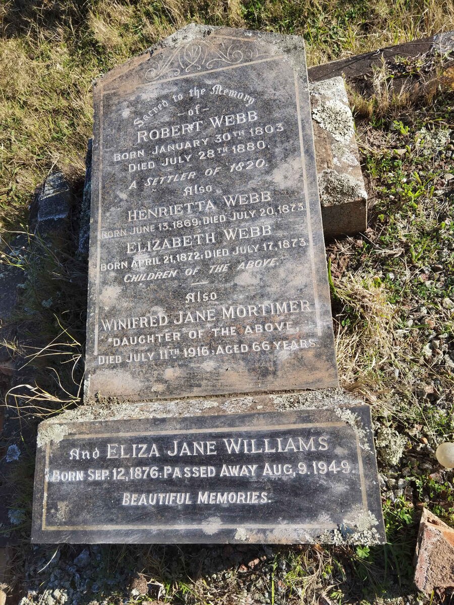 WEBB Robert 1803-1880 :: WEBB Henrietta 1869-1873 :: WEBB Elizabeth 1872-1873 :: MORTIMER Winifred Jane nee WEBB -1916 :: WILLIAMS Eliza Jane 1876-1949