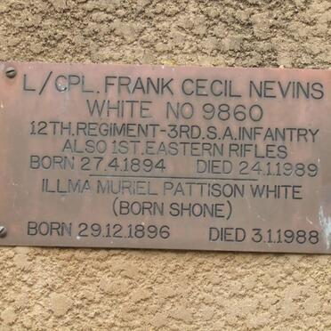 WHITE Frank Cecil Nevins 1894-1989 &amp; Illma Muriel Pattison SHONE 1896-1988
