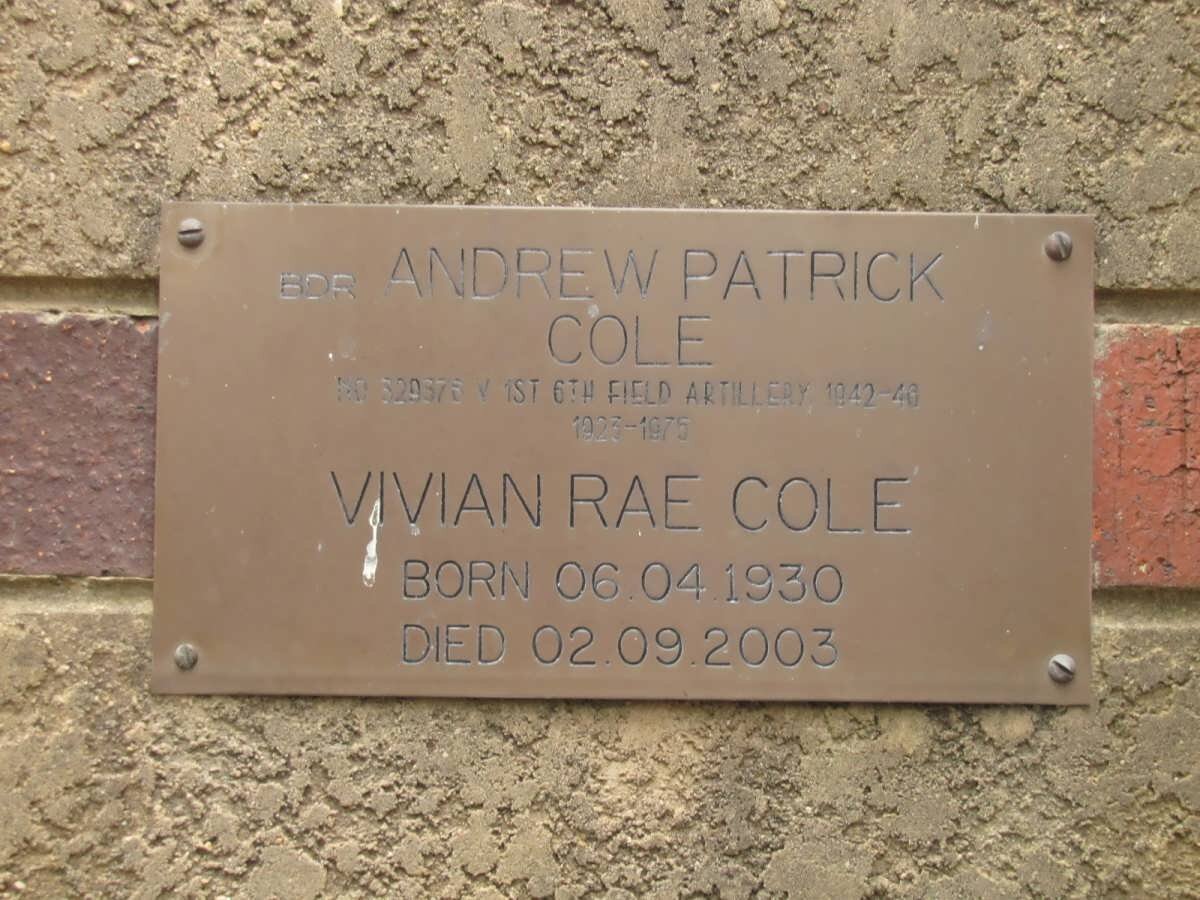 COLE Andrew Patrick  1923-1975 &amp; Vivian Rae 1930-2003