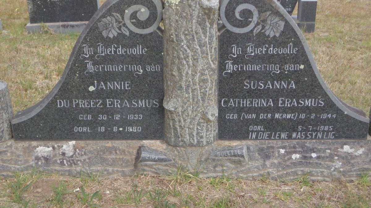 ERASMUS Jannie Du Preez 1933-1980 &amp; Susanna Catherina VAN DER MERWE 1944-1985
