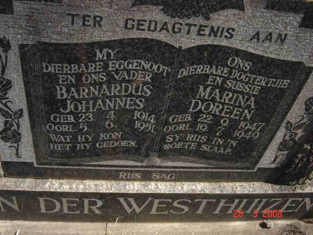 WESTHUIZEN Barnardus Johannes, van der 1914-1951 :: VAN DER WESTHUIZEN  Marina Doreen 1947-1949