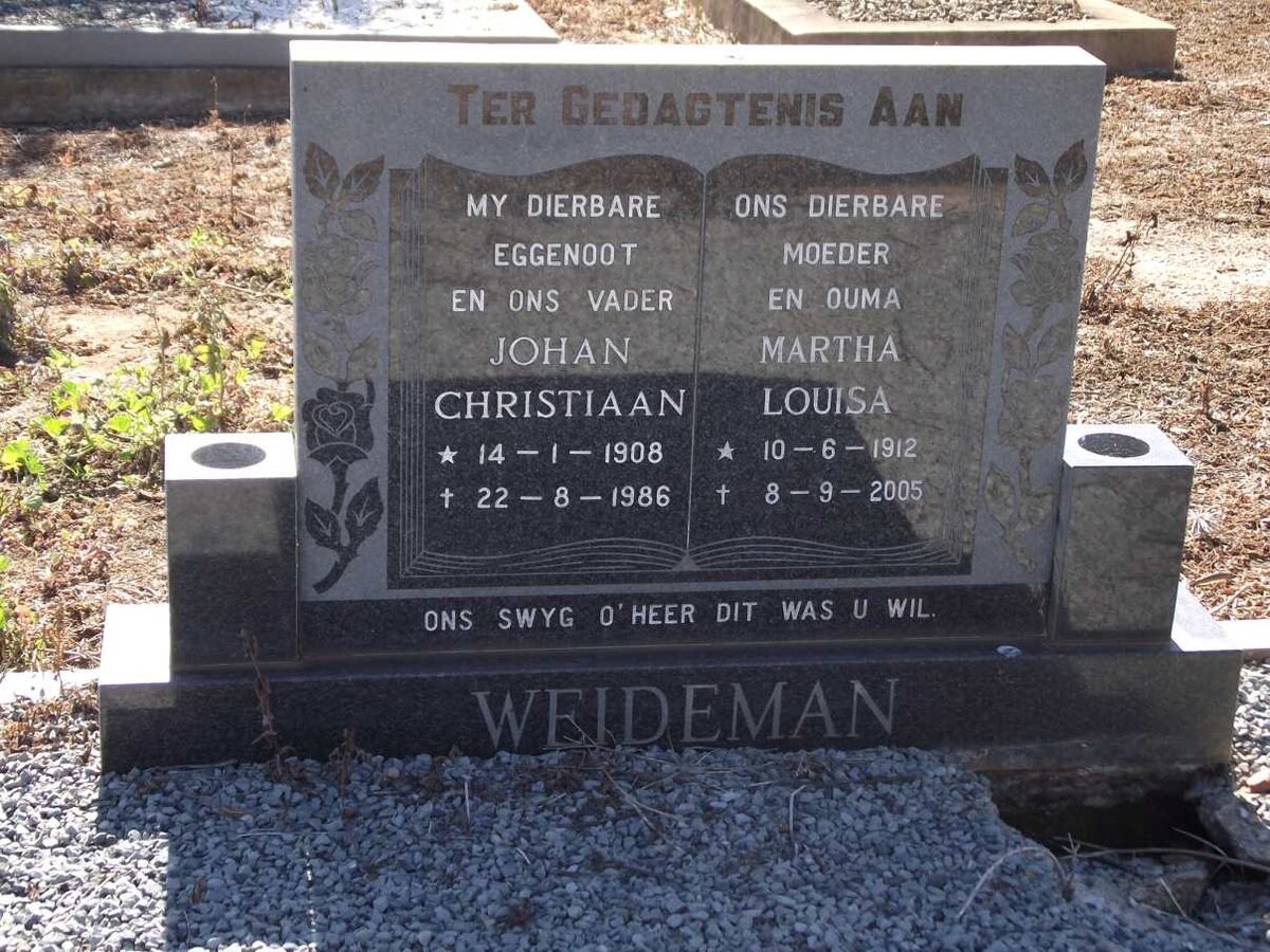 WEIDEMAN Johan Christiaan 1908-1986 &amp; Martha Louisa 1912-2005