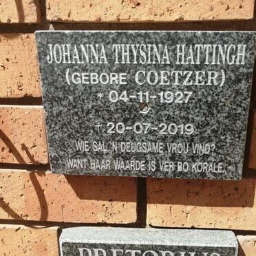 HATTINGH Johanna Thysina nee COETZER 1927-2019