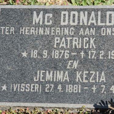 DONALD Patrick, Mc 1876-1931 &amp; Jemina Kezia VISSER 1881-1968