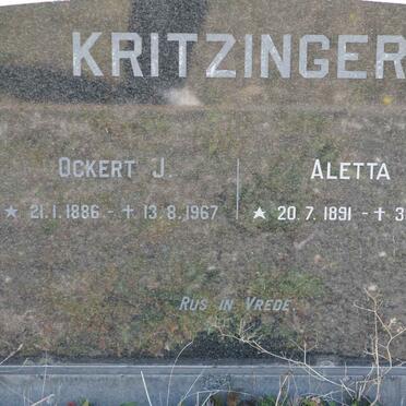 KRITZINGER Ockert J. 1886-1967 &amp; Aletta J. 1891-1981