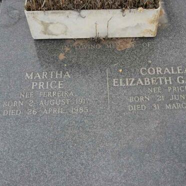 PRICE Martha nee FERREIRA 1917-1985 :: GAMBLE Coralea Elizabeth nee PRICE 1951-1989