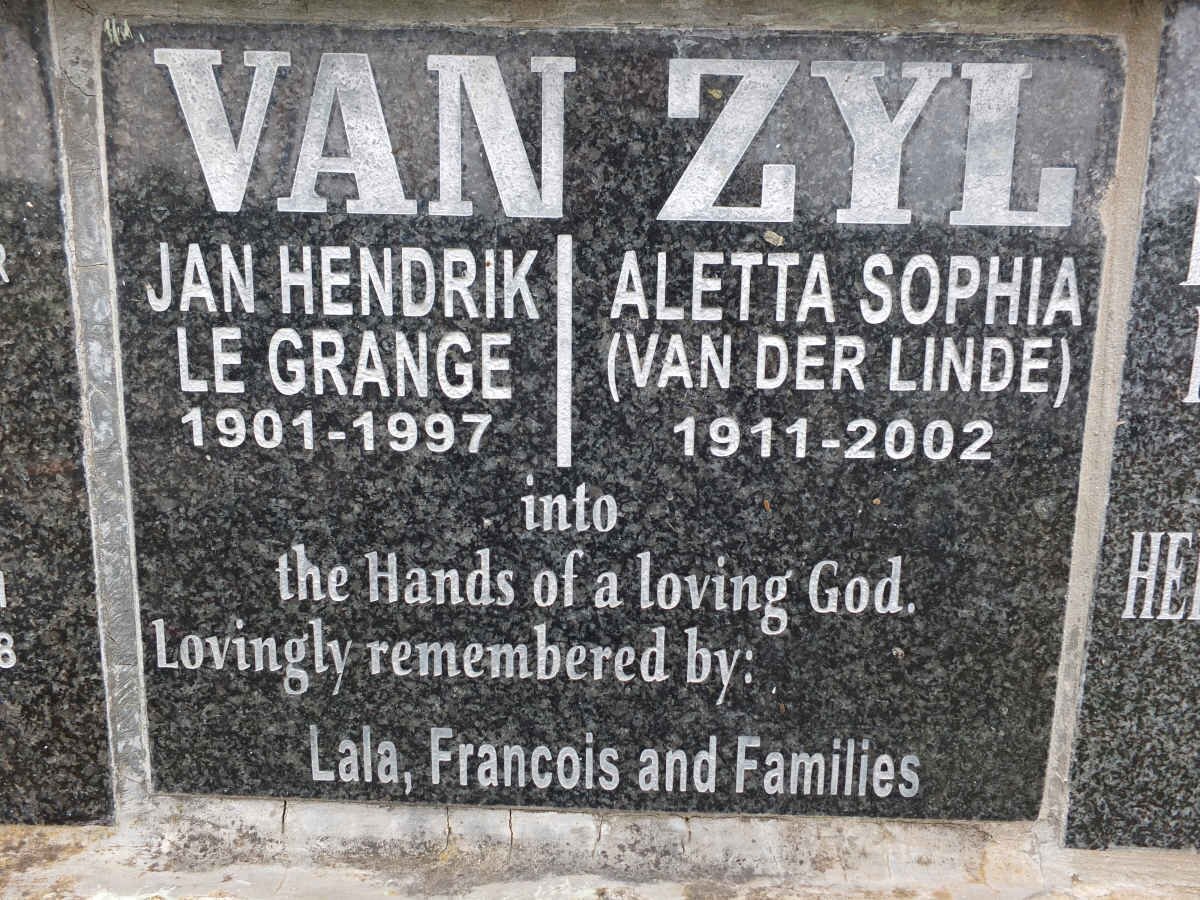 ZYL Jan Hendrik Le Grange, van 1901-1997 &amp; Aletta Sophia VAN DER LINDE 1911-2002