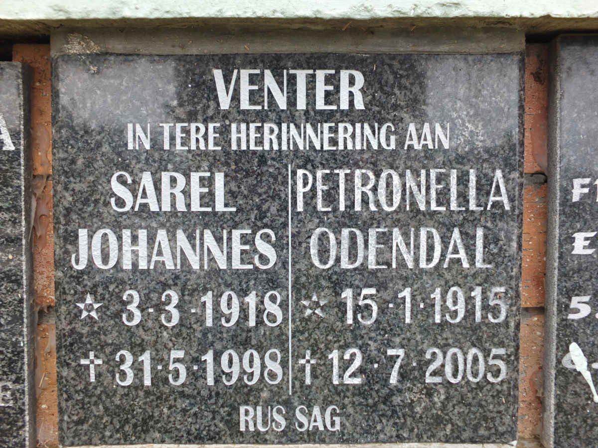 VENTER Sarel Johannes 1918-1998 &amp; Petronella ODENDAL 1915-2005