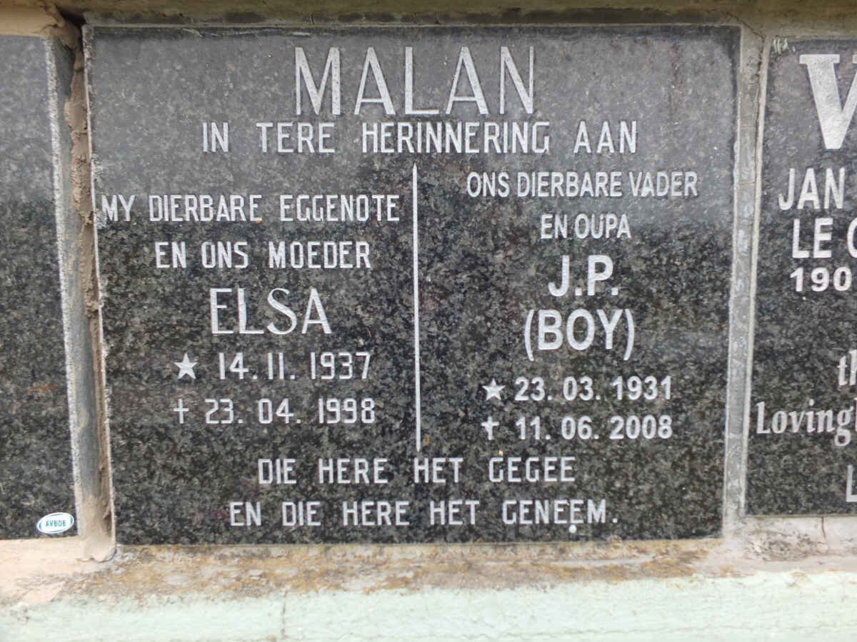 MALAN J.P. 1931-2008 &amp; Elsa 1937-1998