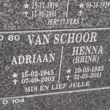 SCHOOR Adriaan, van 1945-2002 &amp; Henna BRINK 1923-2011