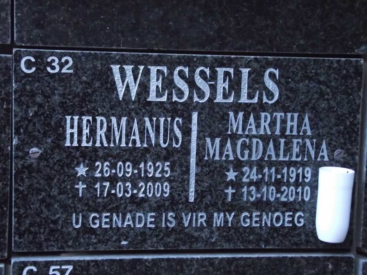 WESSELS Hermanus 1925-2009 &amp; Martha Magdalena 1919-2010