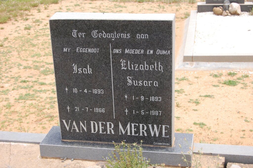 MERWE  Isak, van der 1893-1966 &amp; Elizabeth Susara 1893-1987