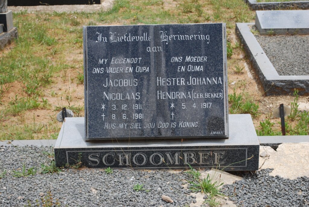 SCHOOMBEE Jacobus Nicolaas 1911-1981 &amp; Hester Johannes Hendrina BEKKER 1917-