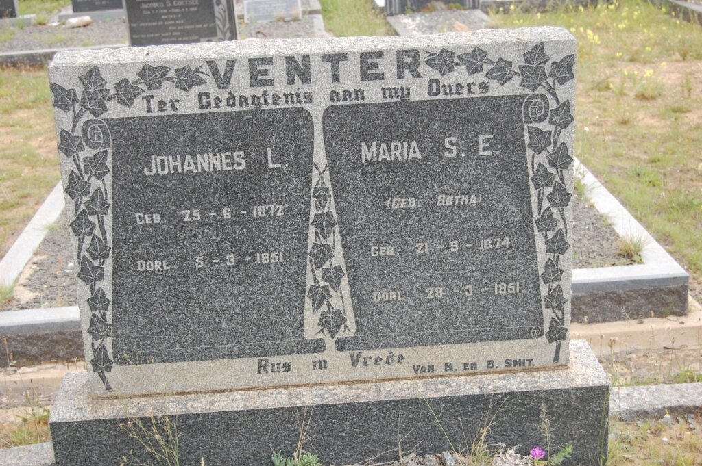 VENTER Johannes L. 1872-1951 &amp; Maria S.E. BOTHA 1874-1951
