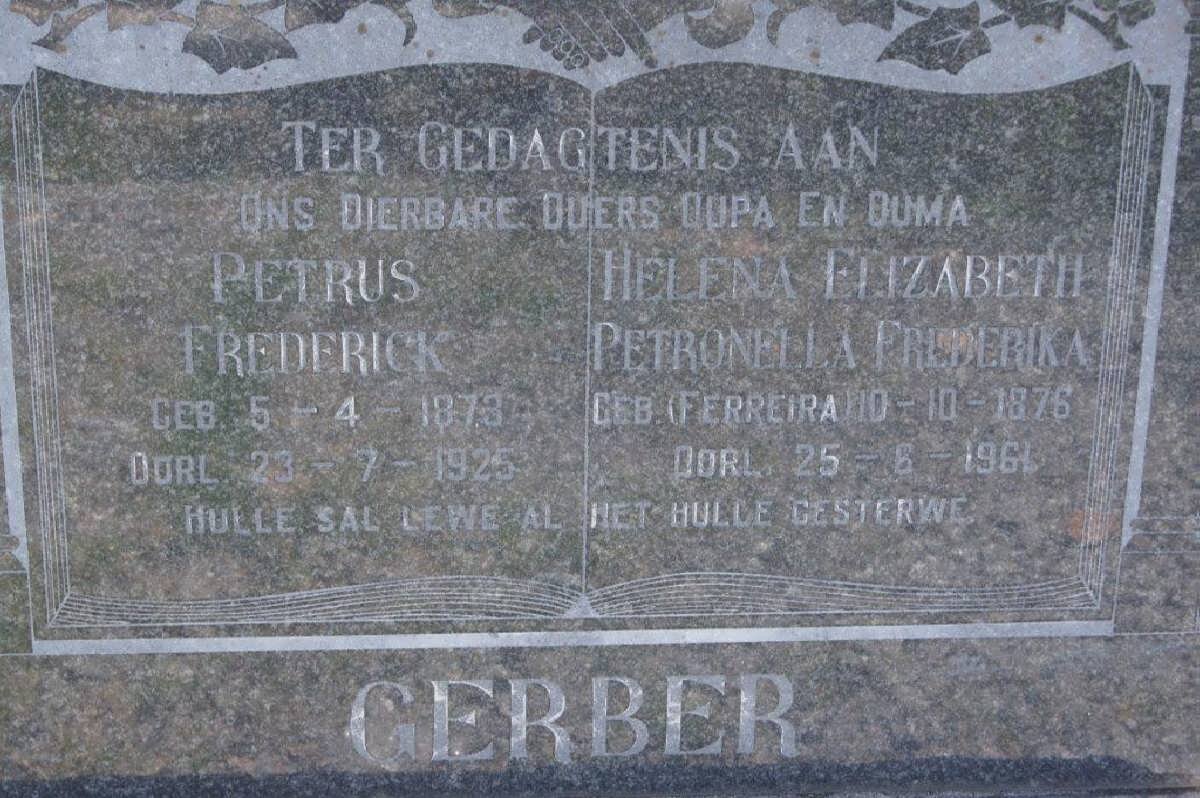 GERBER Petrus Frederick 1873-1925 &amp; Helena Elizabeth Petronella Frederika FERREIRA 1876-1961 