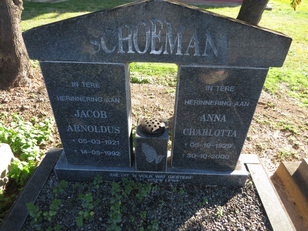 SCHOEMAN Jacob Arnoldus 1921-1992 & Anna Charlotta 1929-2000