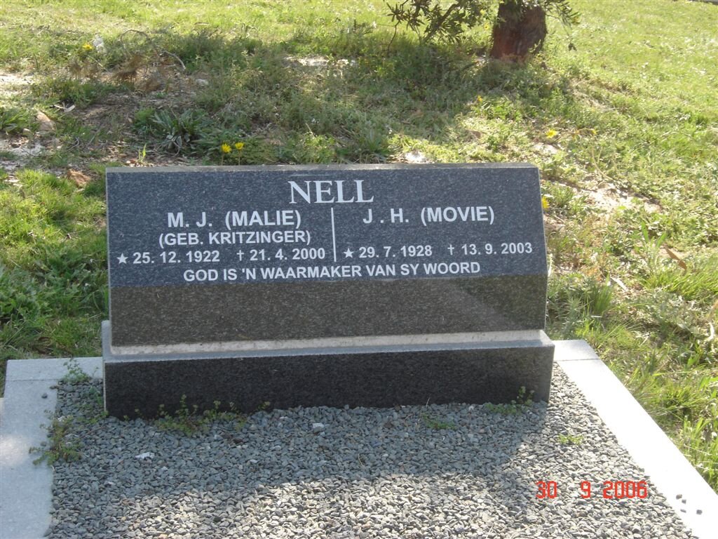 NELL J.H. 1928-2003 &amp; M.J. KRITZINGER 1922-2000
