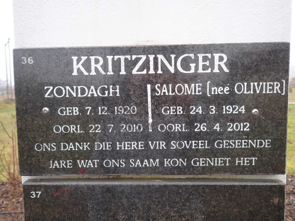 KRITZINGER Zondagh 1920-2010 & Salome OLIVIER 1924-2012