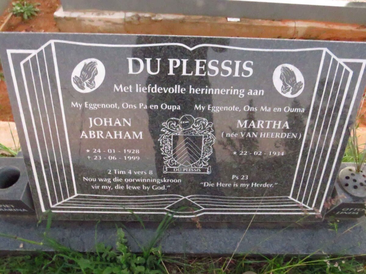PLESSIS Johan Abraham, du 1928-1999 & Martha VAN HEERDEN 1934-