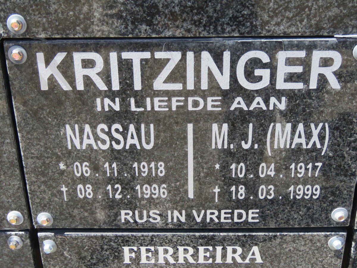 KRITZINGER Nassau 1918-1996 &amp; M.J. 1917-1999