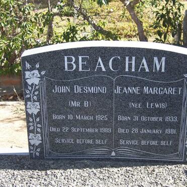 BEACHAM John Desmond 1925-1989 &amp; Jeanne Margaret LEWIS 1933-1981
