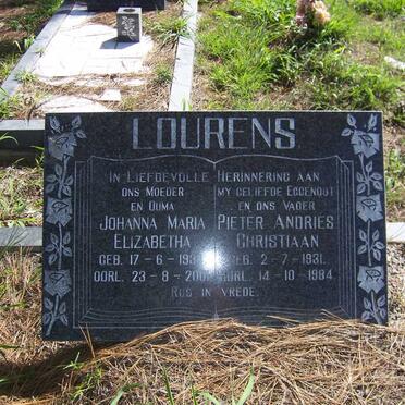 LOURENS Pieter Andries Christiaan 1931-1984 &amp; Johanna Maria Elizabetha 1934-2001