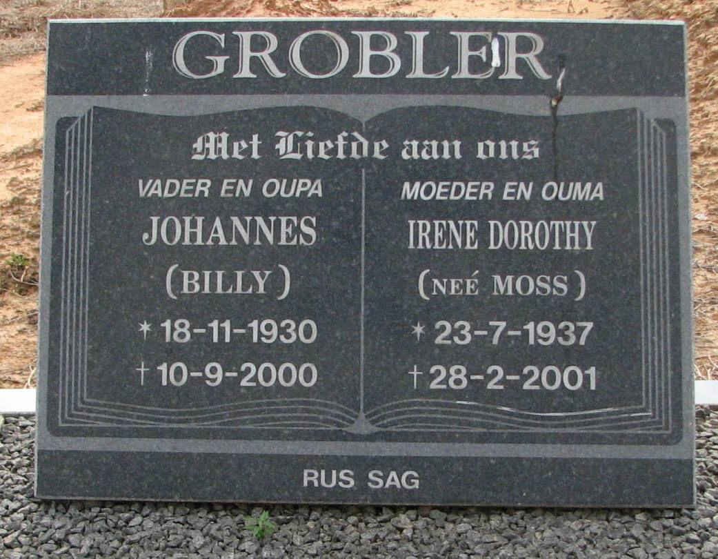 GROBLER Johannes 1930-2000 &amp; Irene Dorothy MOSS 1937-2001