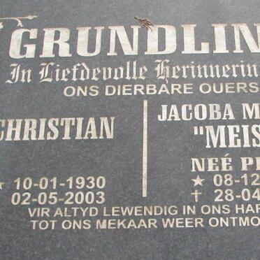 GRUNDLING Christian 1930-2003 &amp; Jacoba Martina PLOTZ 1943-2004