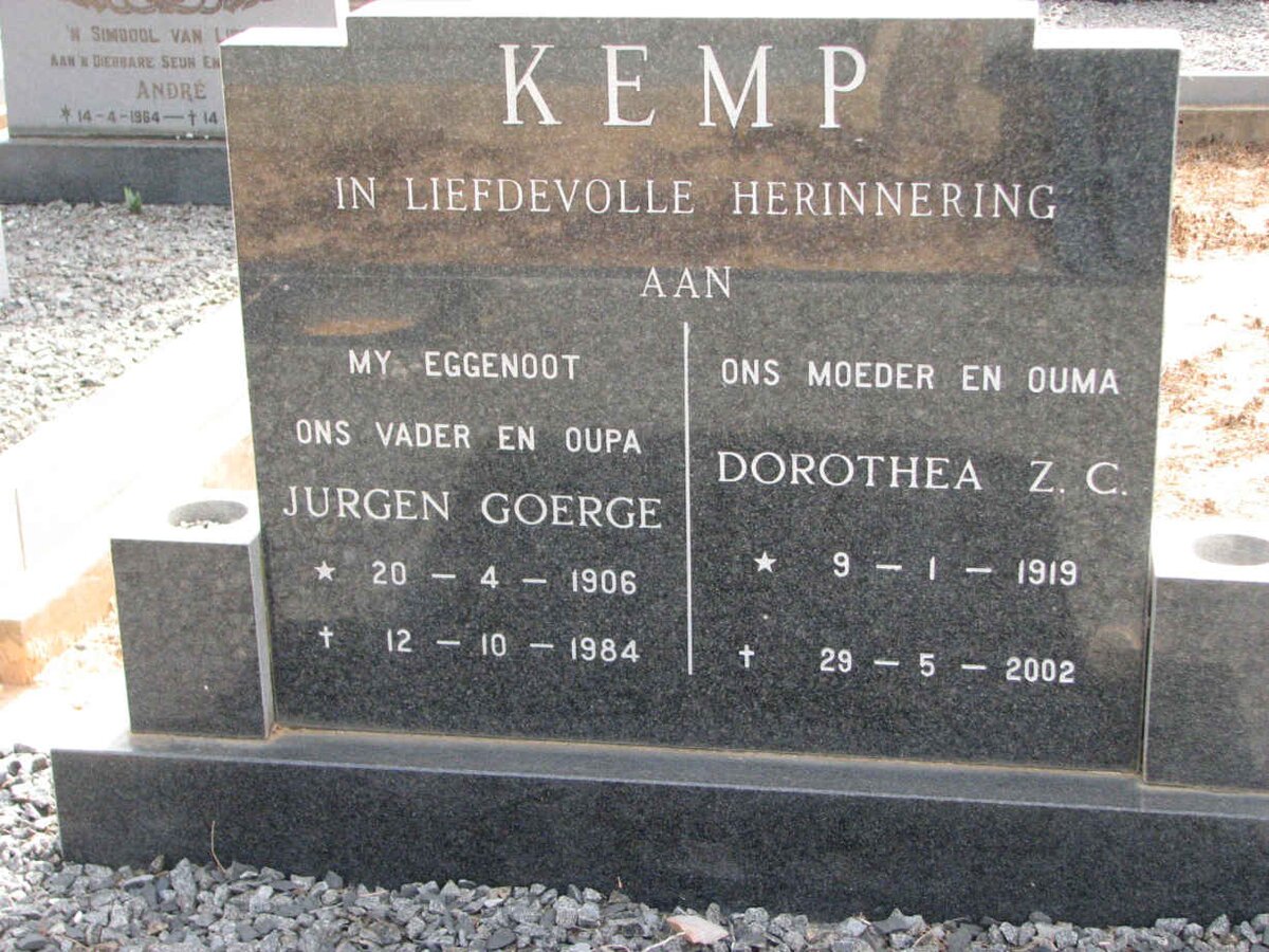 KEMP Jurgen George 1906-1984 &amp; Dorothea Z.C. 1919-2002