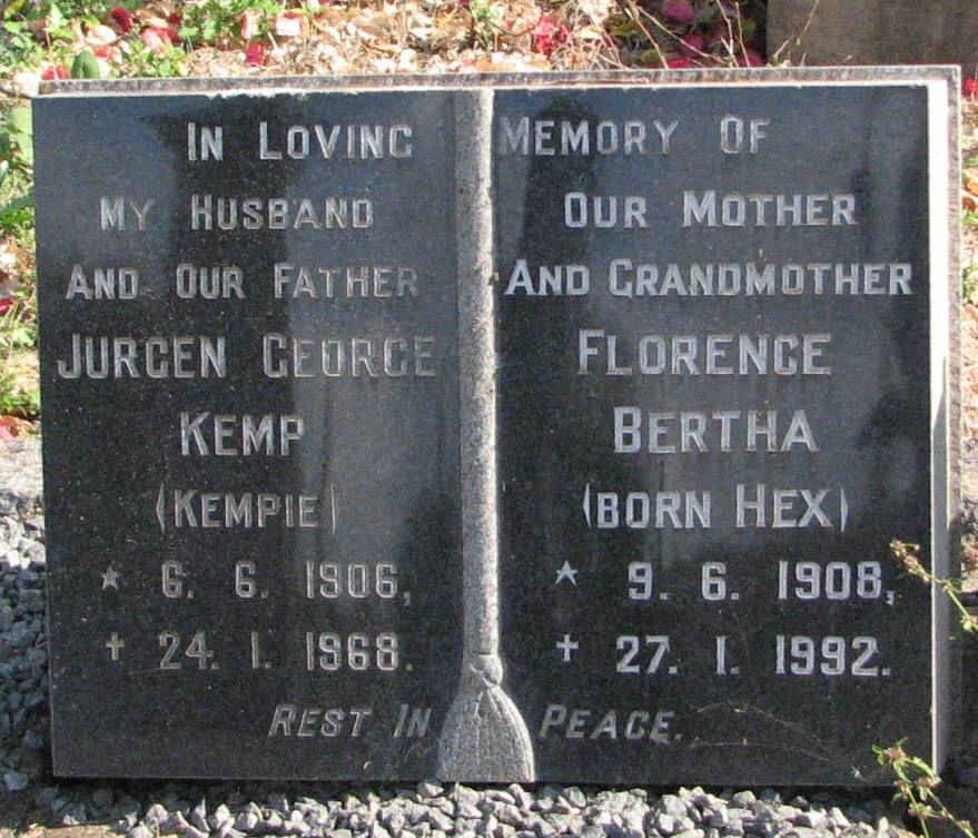 KEMP Jurgen George 1906-1968 &amp; Florence Bertha 1908-1992